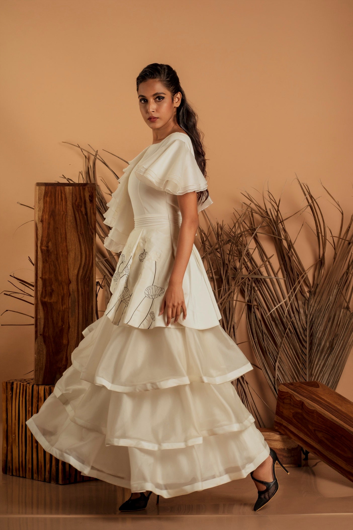 Ruffled Sleeves Asymmetric Layered Flared Gown