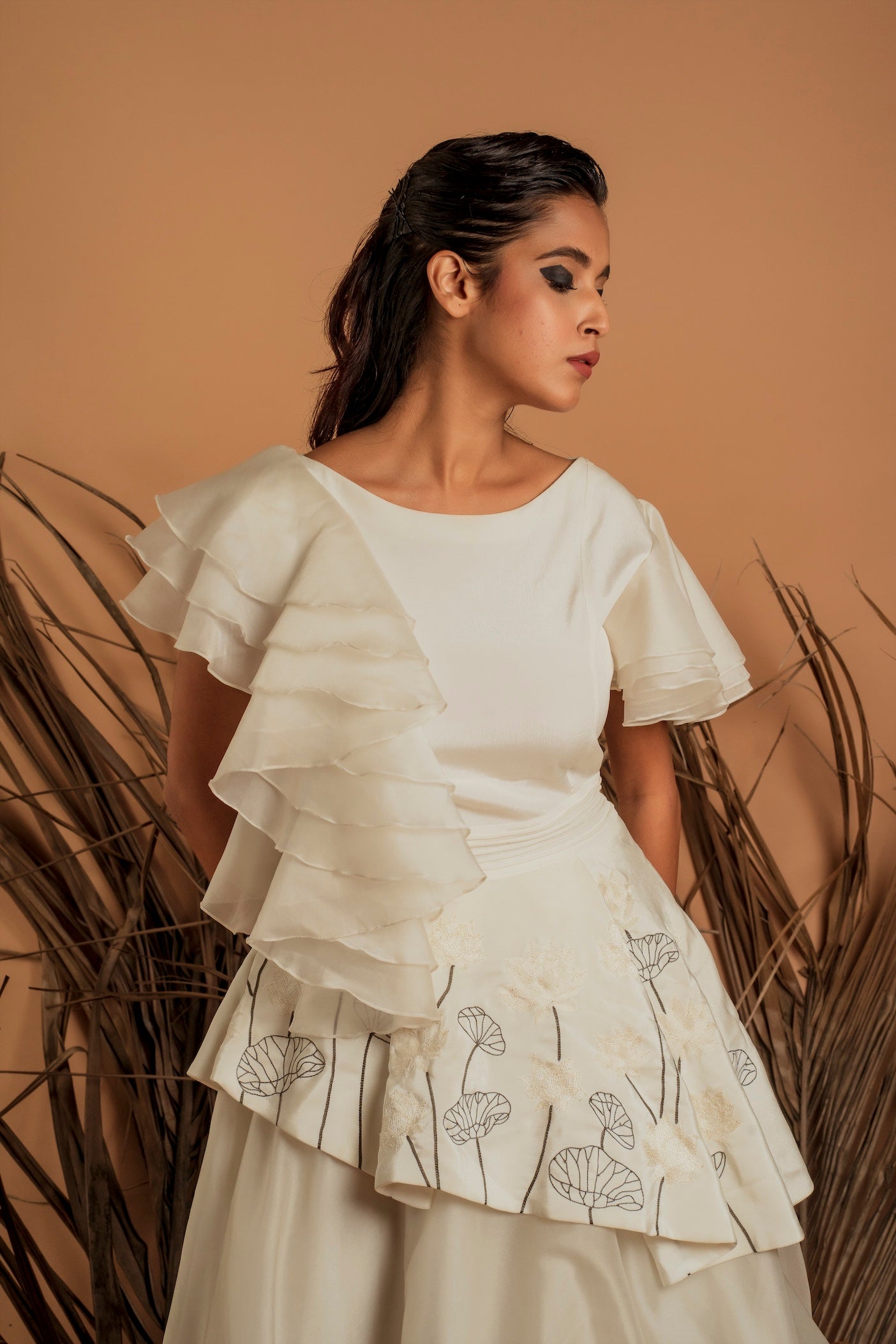 Ruffled Sleeves Asymmetric Layered Flared Gown