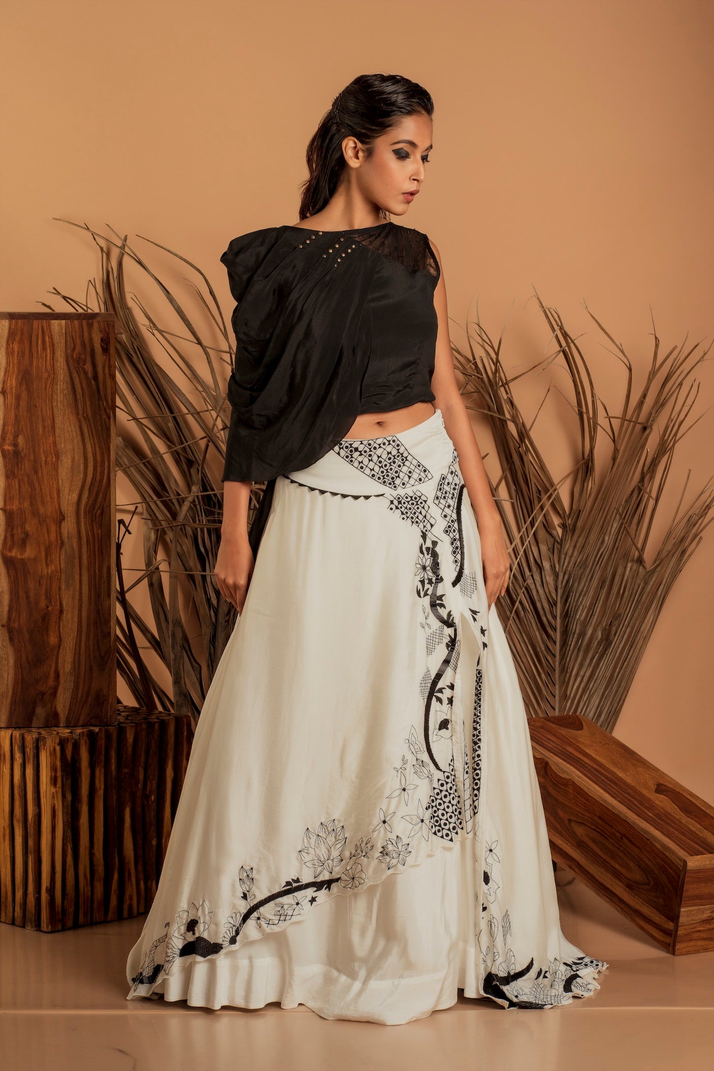 Draped Top & Asymmetrical Embellished Skirt Set