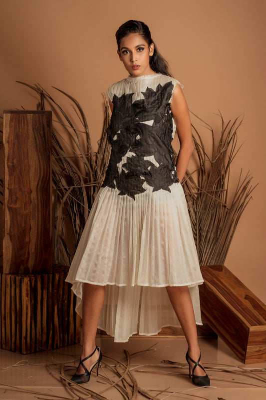 Monochrome Leaf Patches And Pleated High-Low Dress