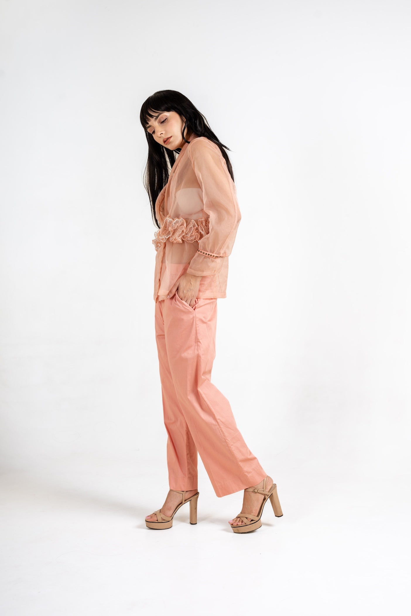 Waist Embellished Sheer Shirt Co-Ord Set