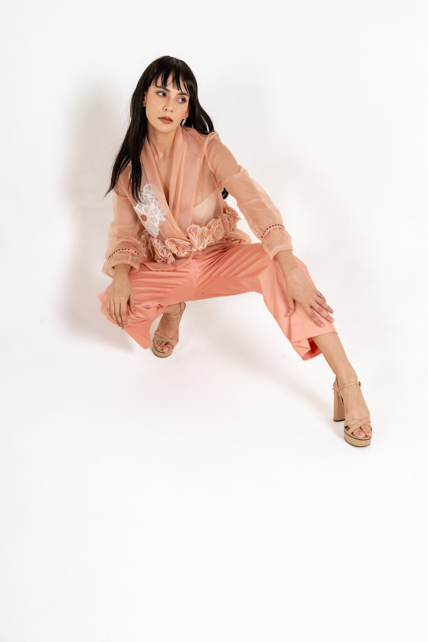 Waist Embellished Sheer Shirt Co-Ord Set