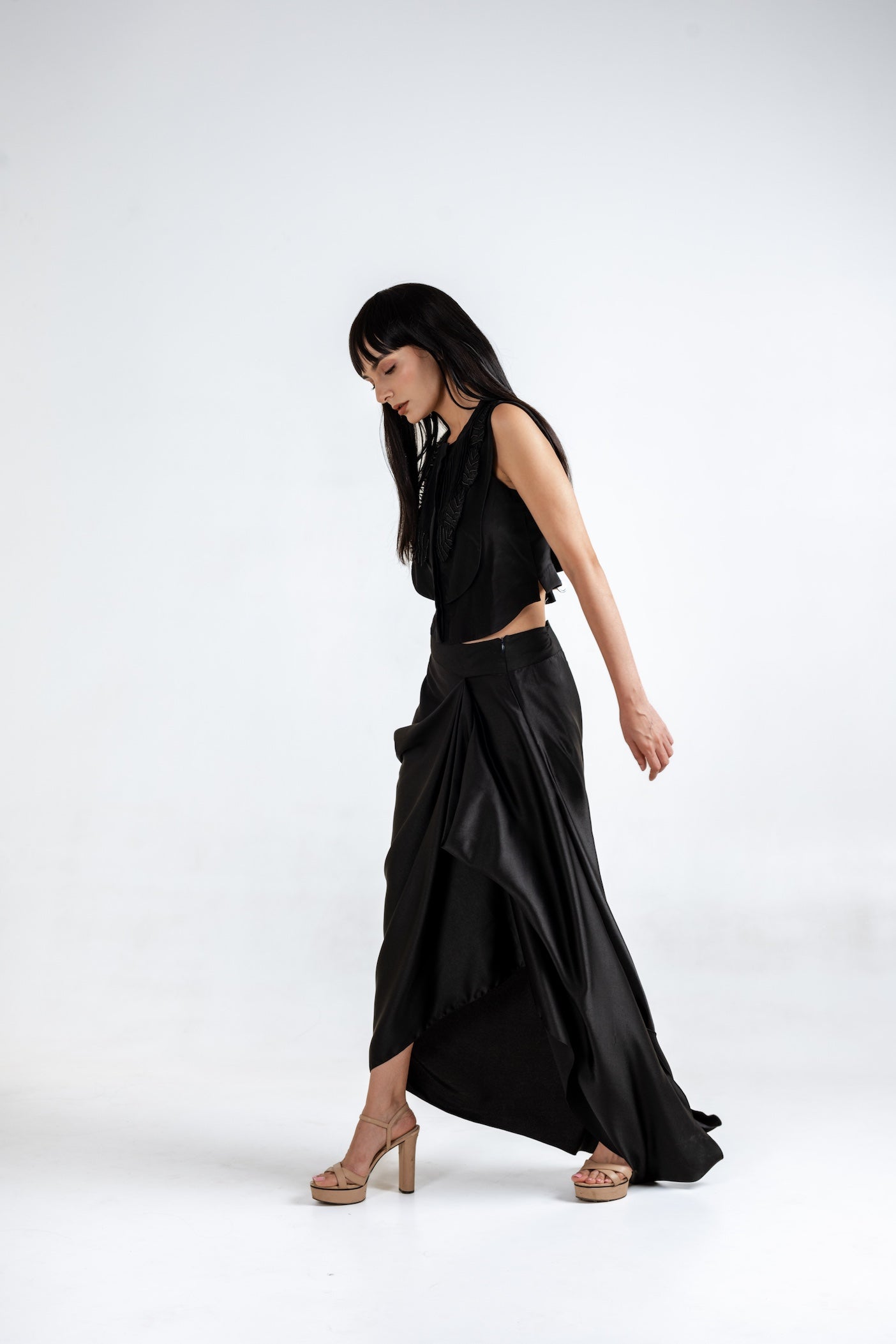 Black Obsidian Draped Skirt Set