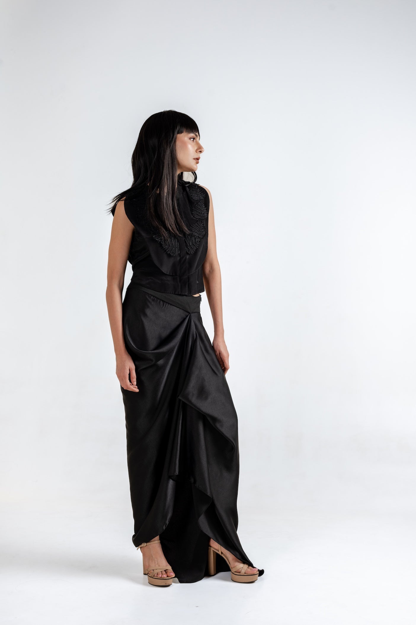 Black Obsidian Draped Skirt Set