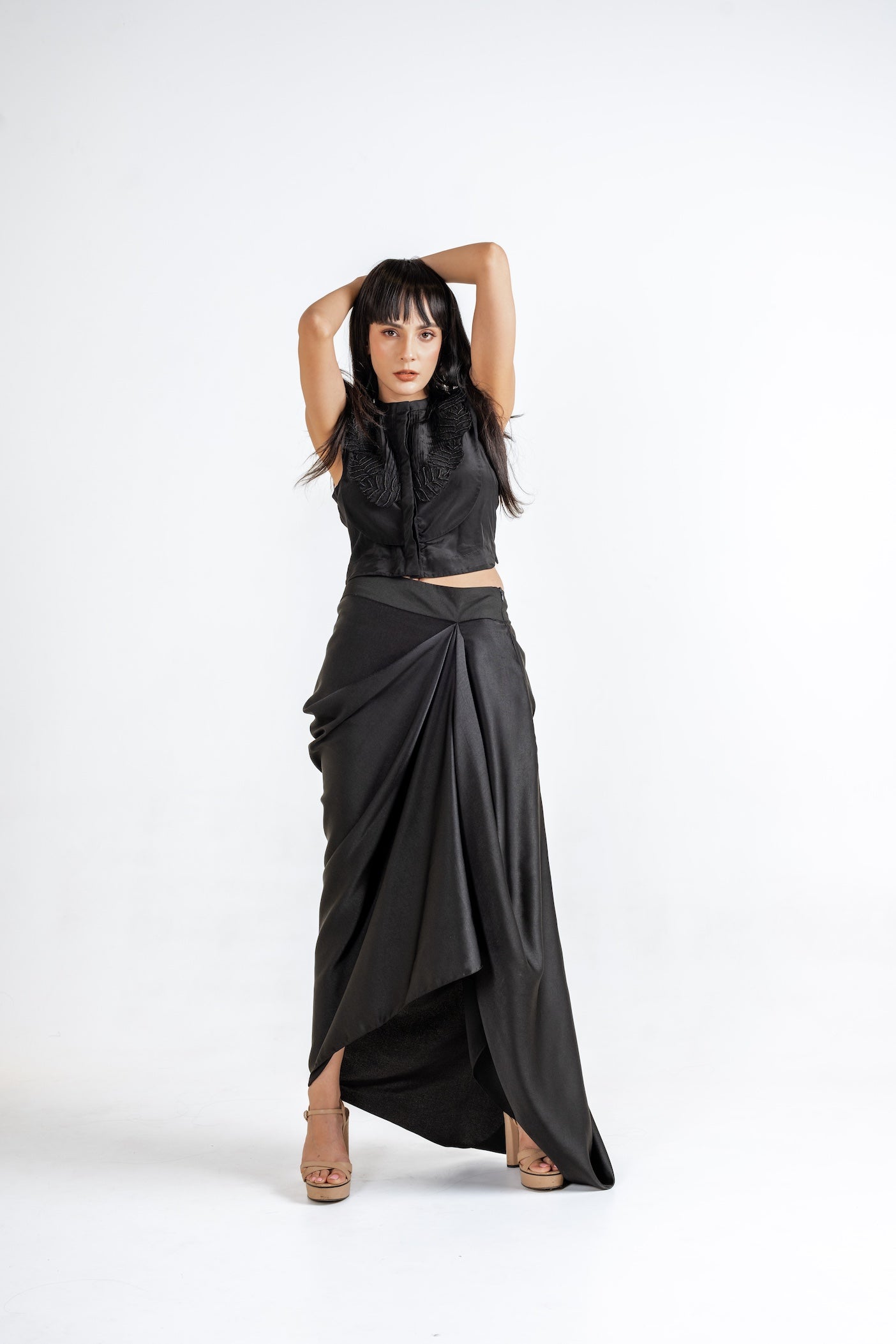 Black Obsidian Draped Skirt Set