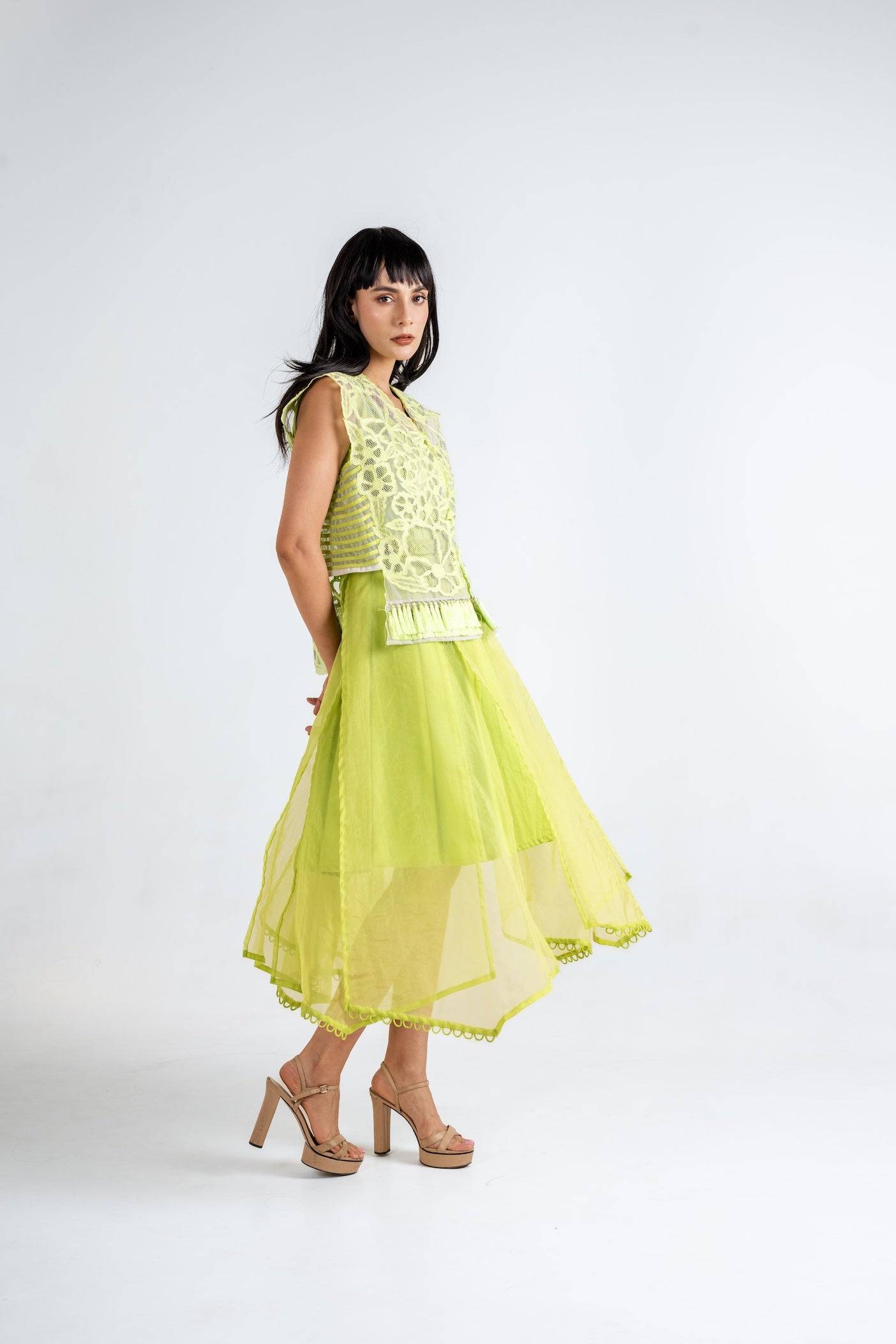 Layered Dress with Fringed Lace Jacket