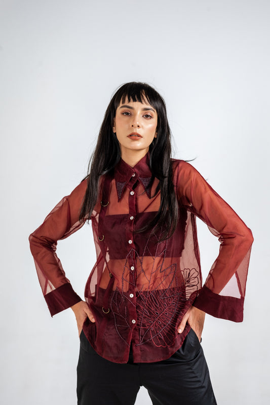 Embroidered Merlot Sheer Shirt