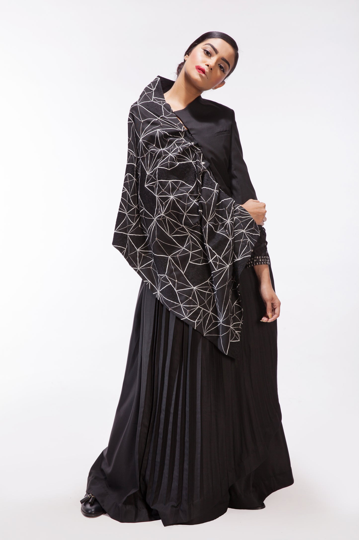 Structured Asymmetrical Embroidered Shawl Panel Jacket