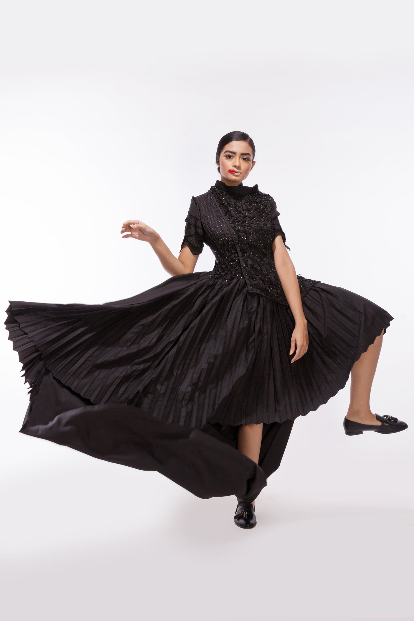 Black Pleated Asymmetric Gown With Sheer Organza Embellished Jacket