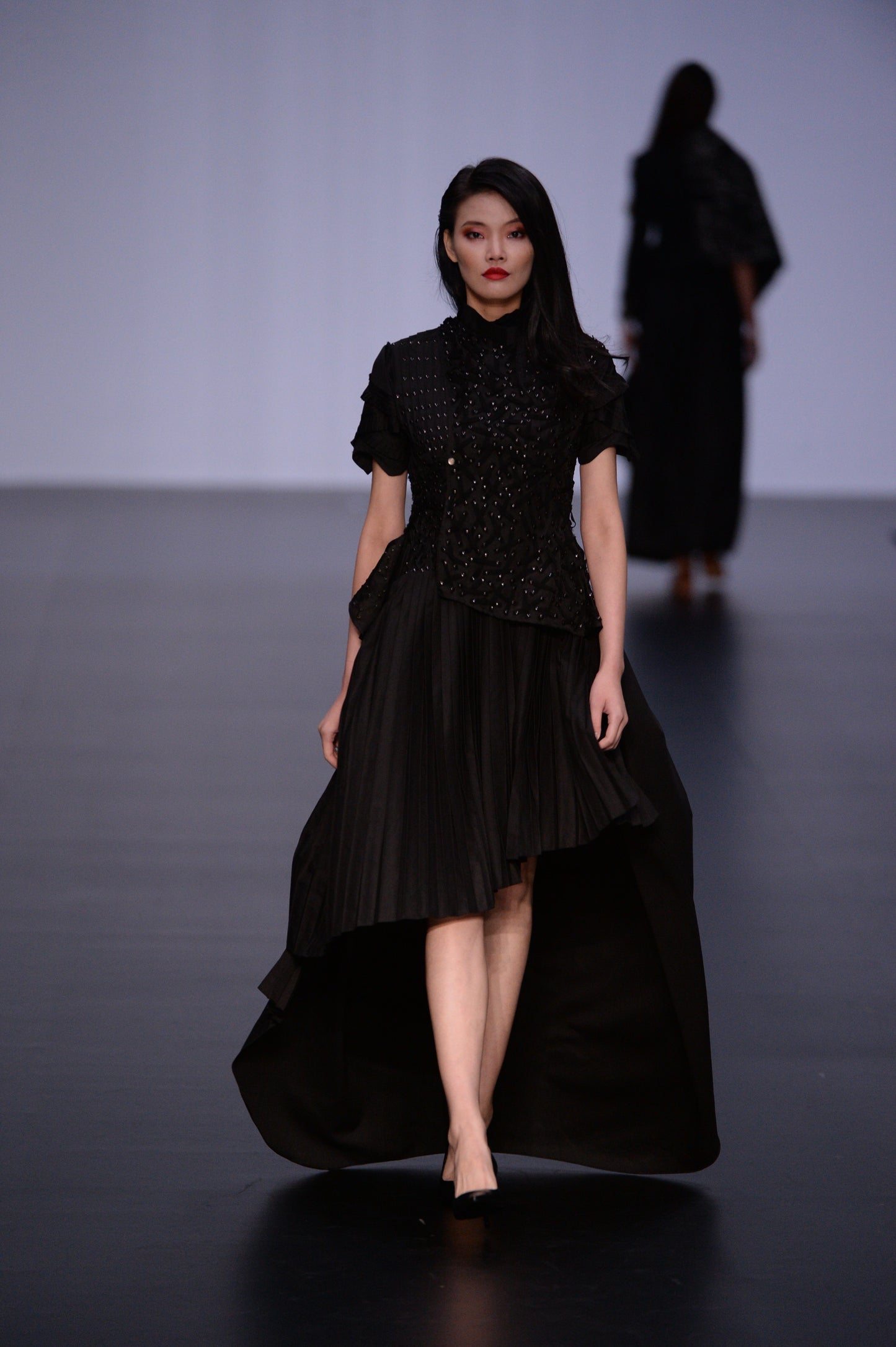 Black Pleated Asymmetric Gown With Sheer Organza Embellished Jacket