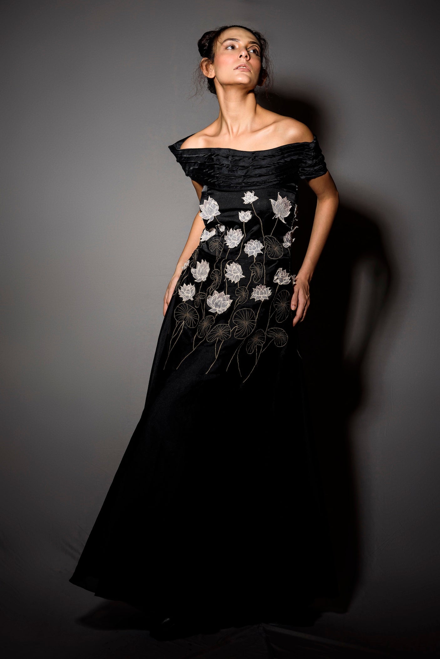 Black Off-Shoulder Gown with 3D Floral Embroidery