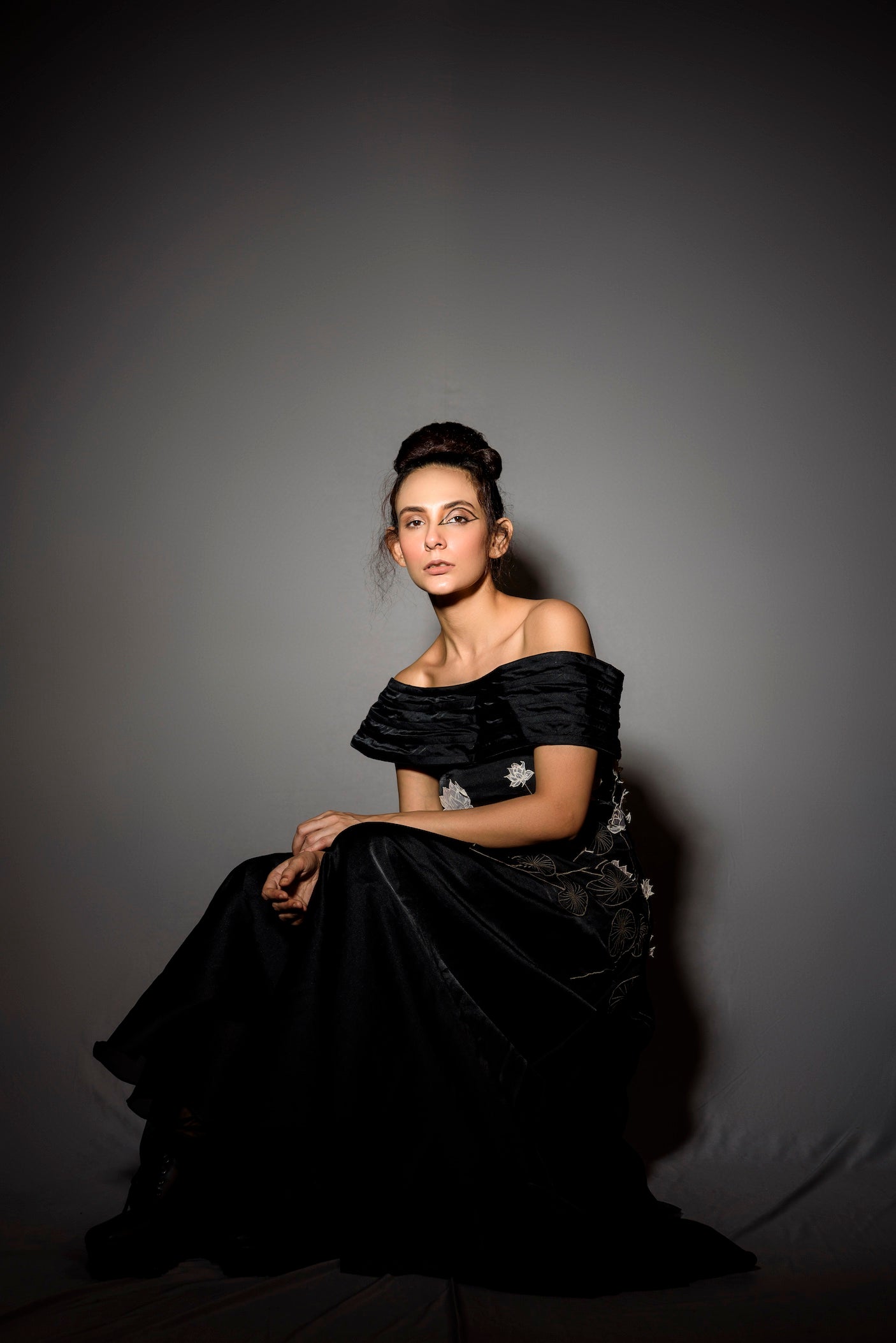 Black Off-Shoulder Gown with 3D Floral Embroidery